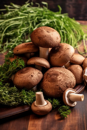 Fresh champignon mushrooms on wooden table. Healthy food concept.の素材