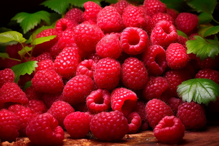 Ripe raspberries with green leaves on a wooden background.の素材