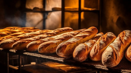 Freshly baked baguettes in the oven. Bakery.の素材