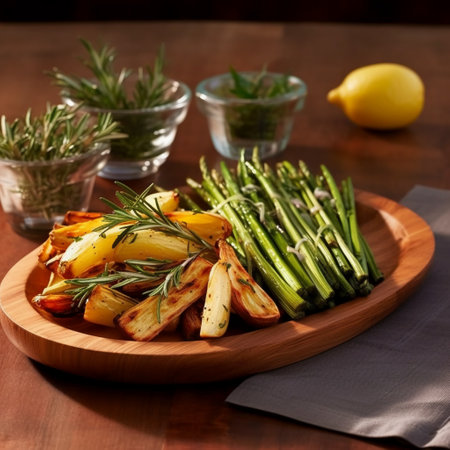 Fried potatoes with rosemary and herbs on a wooden plate.の素材