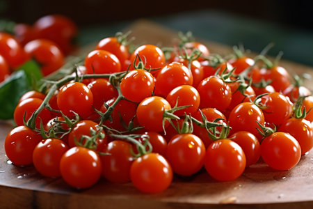 Cherry tomatoes on a wooden board, selective focus, shallow DOFの素材
