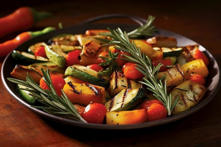 roasted vegetables with rosemary on a plate on a wooden tableの素材