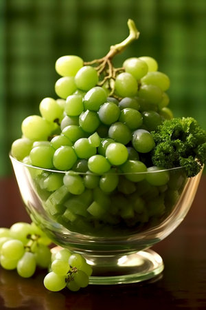 grapes in a glass bowl on a green background. verticalの素材