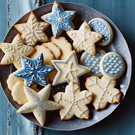 Christmas cookies in the form of stars and snowflakes on a blue backgroundの素材