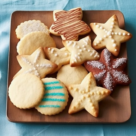 Christmas cookies on a wooden plate, top view, close-upの素材