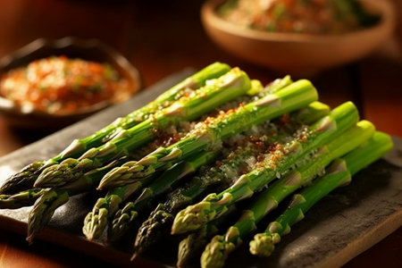 Baked asparagus with garlic and sesame seeds, selective focusの素材