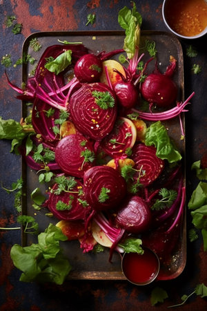 Beetroot salad with apple and parsley over old metal background. Top viewの素材