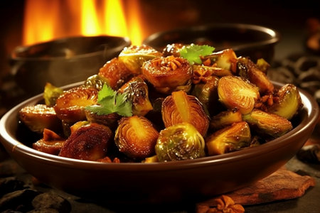 Roasted brussels sprouts with honey and spices in a bowlの素材