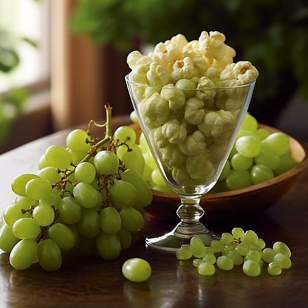 Fresh green grapes in a glass vase on a wooden table.の素材