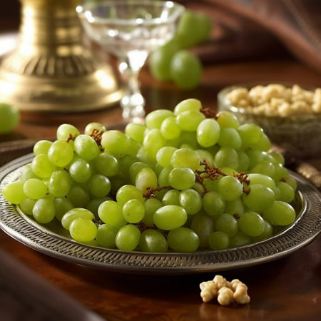 Bunch of green grapes on a plate with walnuts and a glass of wineの素材
