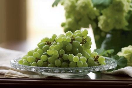 Bunch of fresh green grapes in a glass bowl. Selective focus.の素材