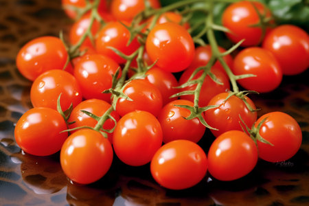 Cherry tomatoes on a branch on a black plate close-upの素材