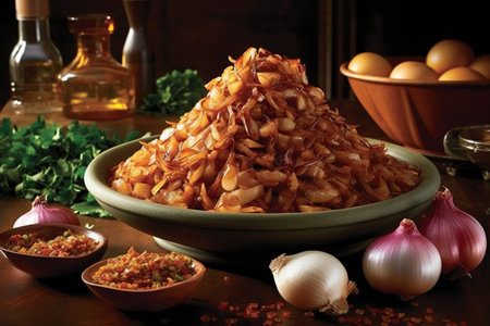 Fried onion with spices in a bowl on a wooden table.の素材