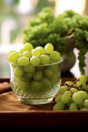 Green grapes in glass bowl on wooden table, on bright background.の素材