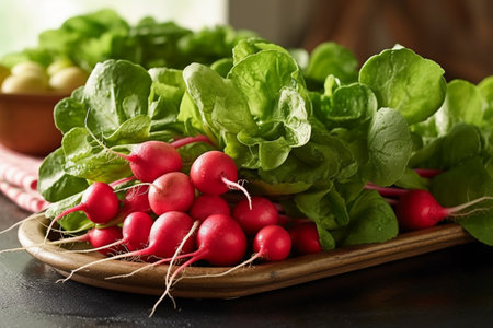 Bunch of fresh red radishes with green salad leaves on wooden boardの素材