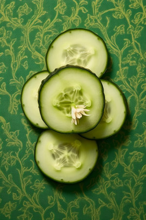 Sliced cucumber on a green background. Top view.の素材