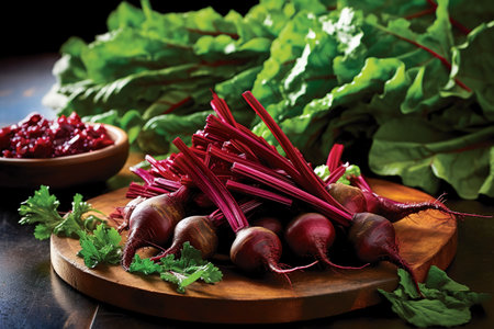 Fresh beetroots with leaves on a wooden cutting board. Selective focus.の素材