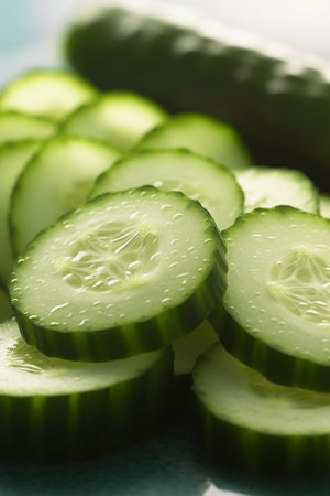 Sliced cucumber on a blue background, close-upの素材