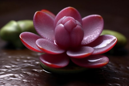 Close up of a pink flower with water drops on a black backgroundの素材