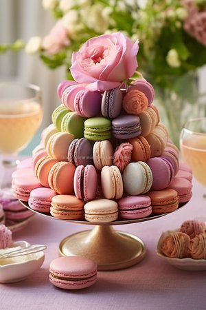 Tasty macaroons on stand, on table, closeupの素材