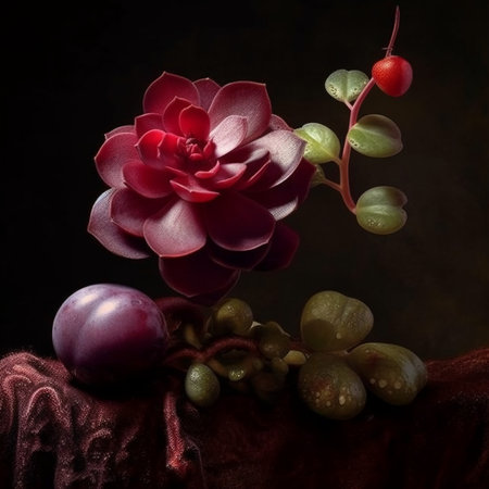 Still life with succulent and plums on a dark background.の素材