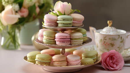 Tasty macaroons on plate, on table, closeupの素材