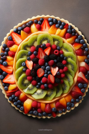 Fruit cake with strawberries, blueberries and kiwi.の素材