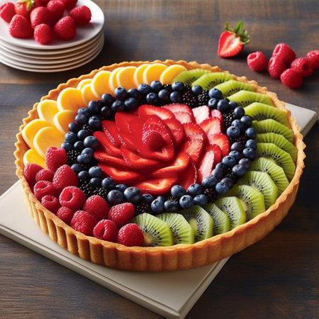 Fruit tart with strawberries, blueberries, raspberries and kiwiの素材