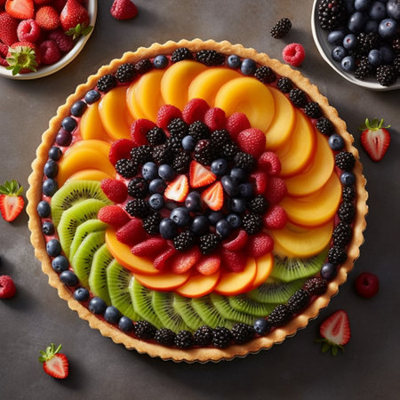 Delicious tart with fresh fruits and berries on grey background, top viewの素材