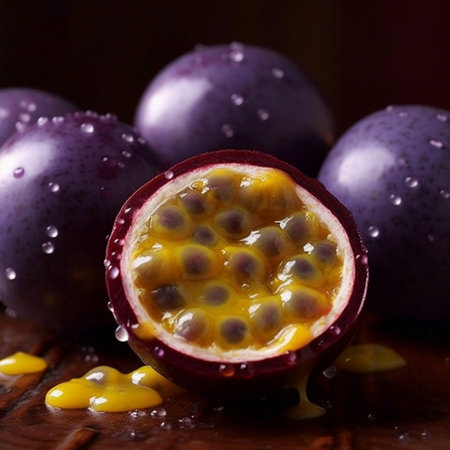 Passion fruit with water drops on a wooden background. Selective focus.の素材