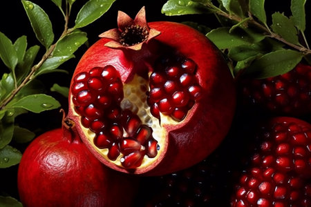 Pomegranate fruit with leaves and seeds on a black backgroundの素材