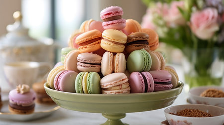 Colorful macaroons in a plate on a white table.の素材