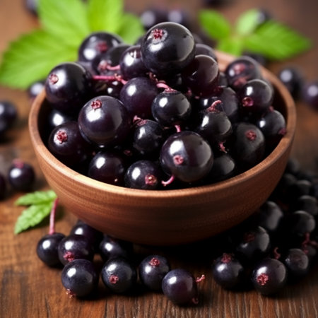 Fresh ripe black currant in bowl on wooden table, closeupの素材