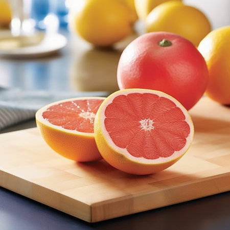 Grapefruit and lemons on a cutting board in a kitchenの素材