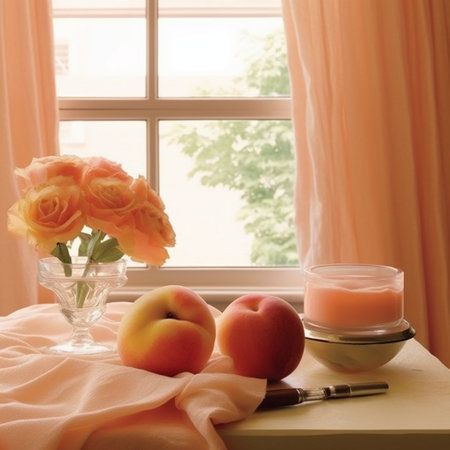 Still life with peach and candle on the windowsill in the morningの素材