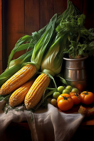 Still life with corn, tomatoes and other vegetables in rustic styleの素材