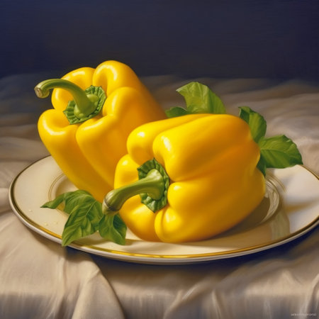 Yellow bell peppers on a plate with green leaves on a white tableclothの素材