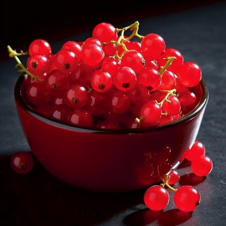 Red currant in a bowl on a black background. Selective focus.の素材