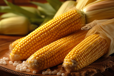 Fresh corn on cobs on wooden table, closeup. Organic foodの素材