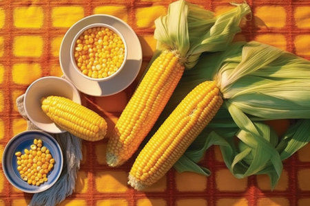 Sweet corn on the cob in a bowl and two bowls with cornの素材