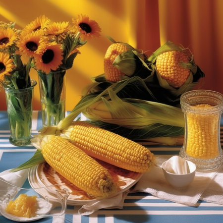 corn on the cob and sunflowers in a glass vaseの素材