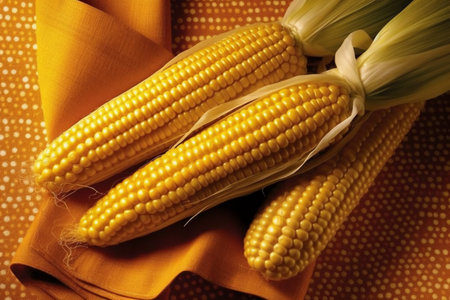 Cobs of corn on a yellow tablecloth, close-upの素材