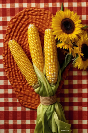 Ripe corn on the cob and sunflowers on a tableclothの素材
