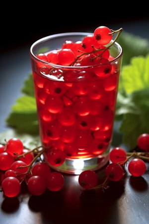 glass of red currant juice with berries on a dark background.の素材