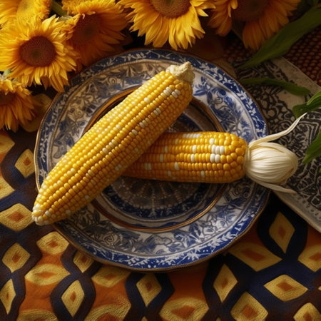 Boiled corn on a plate with sunflowers on the backgroundの素材