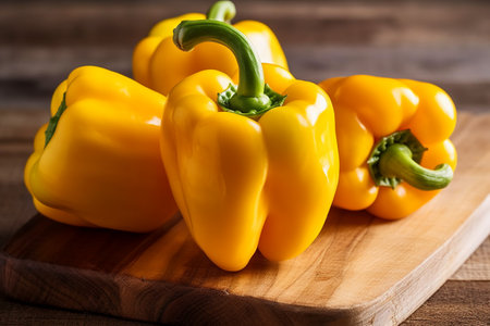 yellow peppers on a cutting board on a wooden background, selective focusの素材