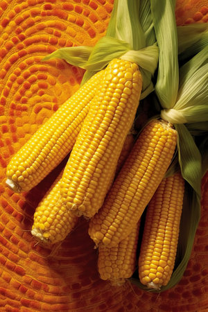 Fresh corn on the cob in a basket on a orange background.の素材