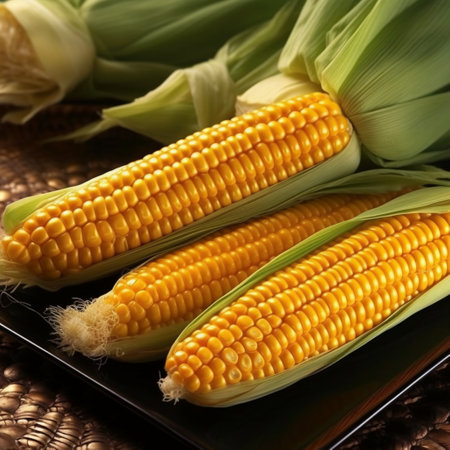 Fresh corn on the cob on a black plate on a wooden backgroundの素材