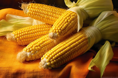 Ripe corn on the cob on a background of yellow fabric.の素材