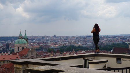 Beautiful young woman on the observation deck in Prague, Czech Republicのeditorial素材